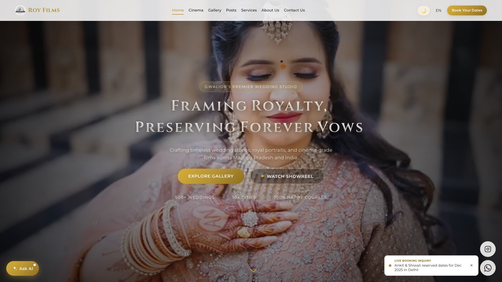 Roy Films — A wedding studio site that answers enquiries at 2am and books dates without a phone call.